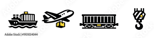 Ship, airplane, freight rail car and crane hook icons on gray