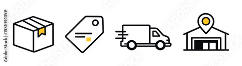 Parcel tag and delivery truck with warehouse icon on grey background