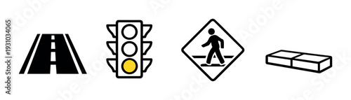 Road, traffic light, pedestrian sign and bricks on grey background
