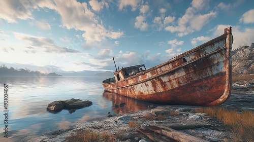Abandoned Rusty Ship in Shallow Water Under Blue Sky