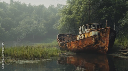 Abandoned Rusty Ship in Shallow Water Under Blue Sky