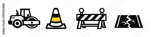 Construction icons showing equipment and barriers on dark background