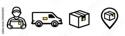 Courier holding package with van box and location icons on dark