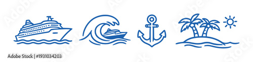 Cruise ship wave anchor and island icons on dark background