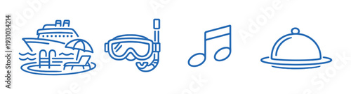 Cruise ship, snorkel mask, music note and cloche glowing on dark