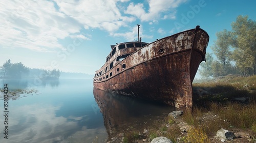 Abandoned Rusty Ship in Shallow Water Under Blue Sky