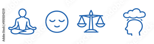 Meditation smiley balance and thinking head icons on black background