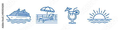 Cruise deck chair cocktail and sunset icons on black background