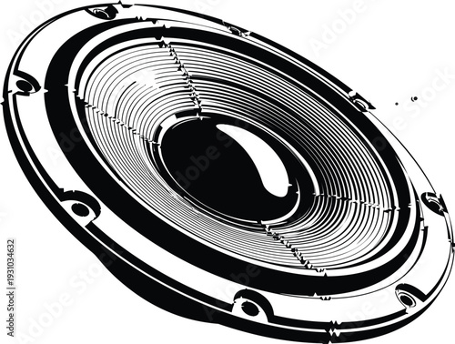 Detailed speaker cone close up illustration in black and white, high contrast flat vector artwork representing sound, audio technology, music power, and speaker design
