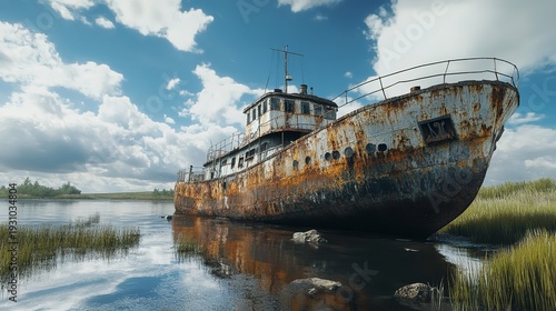 Abandoned Rusty Ship in Shallow Water Under Blue Sky