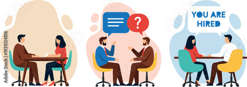 Collection of business people having job interviews and recruitment process with you are hired message