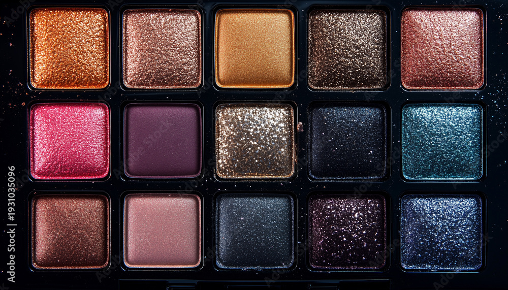 Fototapeta premium Luxury Shimmer and Matte Eyeshadow Palette in Glamorous Macro Lighting, Vibrant Beauty Makeup Advertising