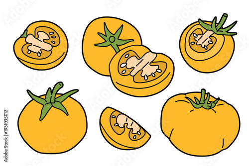 Set of cartoon yellow whole,slice,half tomatoes in flat style. Fresh whole tomato vegetables isolated on light background. Vector illustration for healthy food, greengrocer or grocery design.
