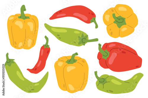 Set of  whole peppers in flat style. Fresh whole peppers vegetables isolated on light background. Vector illustration for healthy food, greengrocer or grocery design.