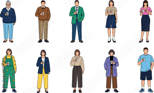 Collection of diverse people standing and holding coffee or tea cups flat illustration