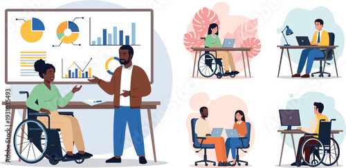 Collection of diverse professionals including people in wheelchairs working on laptops and analyzing data illustration