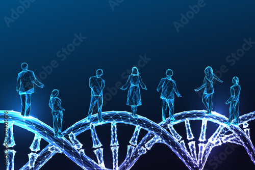 People walking on DNA double helix, human evolution concept, genetic research, biotechnology vector