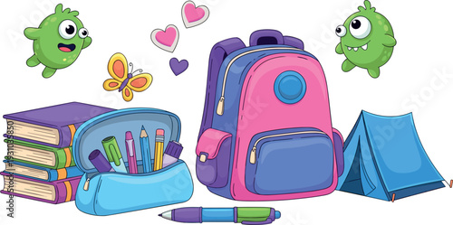 Collection of school and camping supplies including backpack books pencil case and tent with cute characters