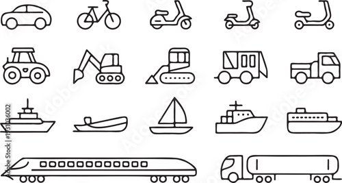 Land and Sea Transport Outline Icon Set