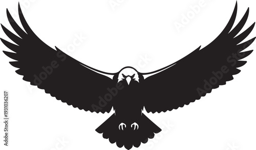 Black silhouette of a majestic bird of prey, possibly an eagle or hawk, with wings spread wide, flying directly forward.