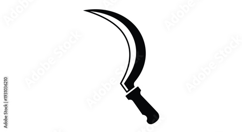A black silhouette of a traditional sickle a curved agricultural tool