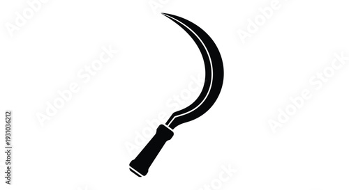 A black silhouette of a traditional scythe tool against a white background