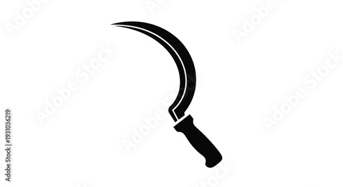 A black silhouette of a traditional curved harvesting sickle on white