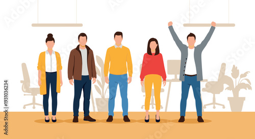 Group of diverse happy professionals and coworkers standing in modern office flat illustration