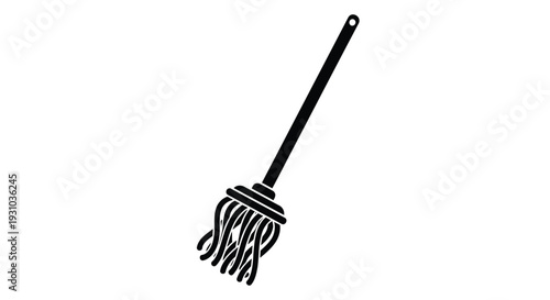 A simple black silhouette of a traditional straw broom on white