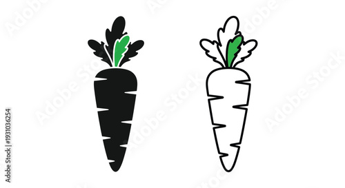 Two stylized carrots presented in contrasting black and white color schemes