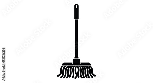 Simple black silhouette of a straw broom on a white background