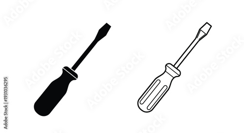 Two screwdrivers shown in contrasting black and white line art styles