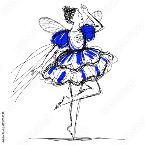 Sketch of a graceful fairy ballerina dancing in a blue and white tutu with delicate wings Vector, illustration