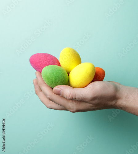 hand holding easter eggs. Easter eggs. Holidays. Background. Photo. People. 