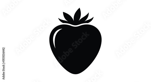 A simple black silhouette of a ripe strawberry with green leaves