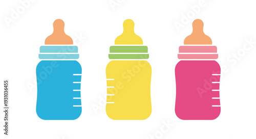 Three colorful baby bottles displayed in a simple flat vector illustration