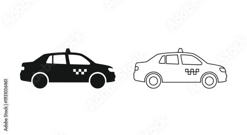 Black and white taxi car icons in filled and outline styles
