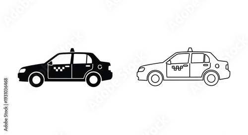 Two taxi car illustrations one solid black one white outline