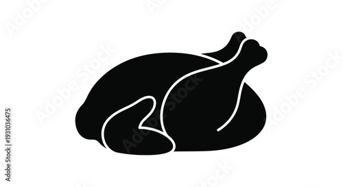 A simple black silhouette of a whole roasted chicken side view
