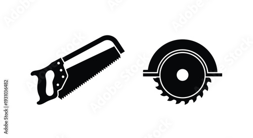Black silhouettes of a handsaw and circular saw on a white background