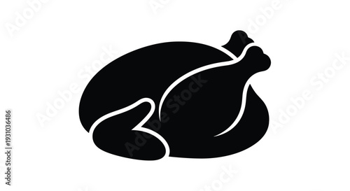 A minimalist black silhouette of a whole roasted chicken isolated on white