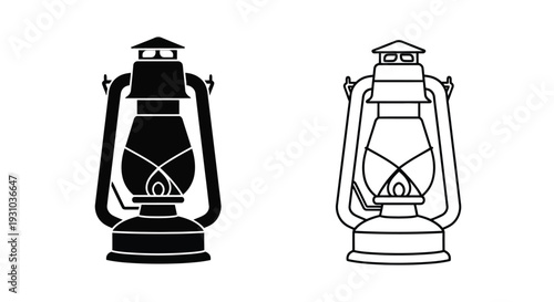 Two black and white illustrations of antique oil lanterns with handles