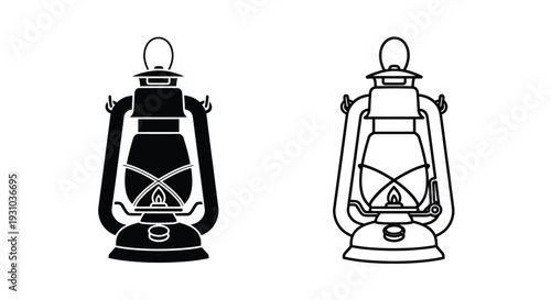 Two vintage kerosene lanterns in black and white illustrations
