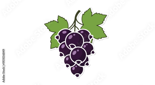 A stylized illustration of a bunch of dark purple grapes with green leaves