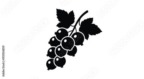 Black silhouette of a grape bunch with leaves on a white background