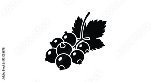 Black silhouette of a cluster of berries with leaves against white