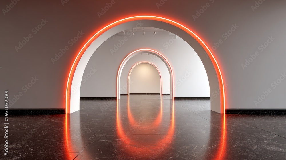 Fototapeta premium Sequential glowing archways create a tunnel effect in a modern interior space