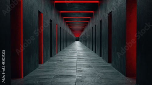 Long dark corridor features symmetrical rows of doorways illuminated by dramatic red light