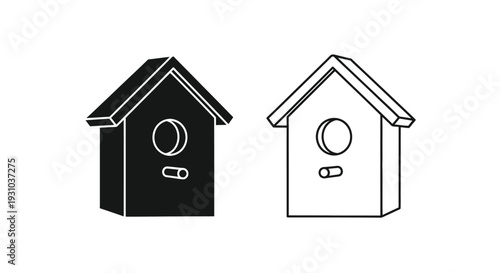 Two birdhouses in contrasting black and white line art styles