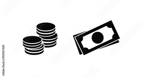 Simple black and white illustration of coins and a banknote